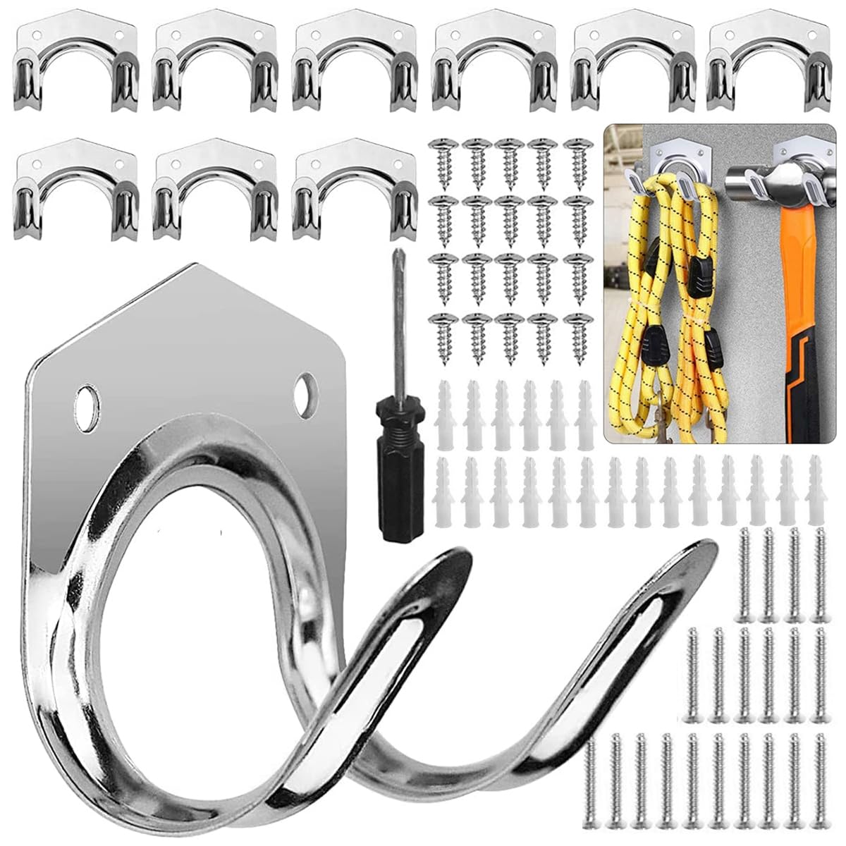 Serplex Wall Hooks for Garage and Kitchen with Dual Hook Design and 10Pcs Metal Set | Includes Screws and Anchors