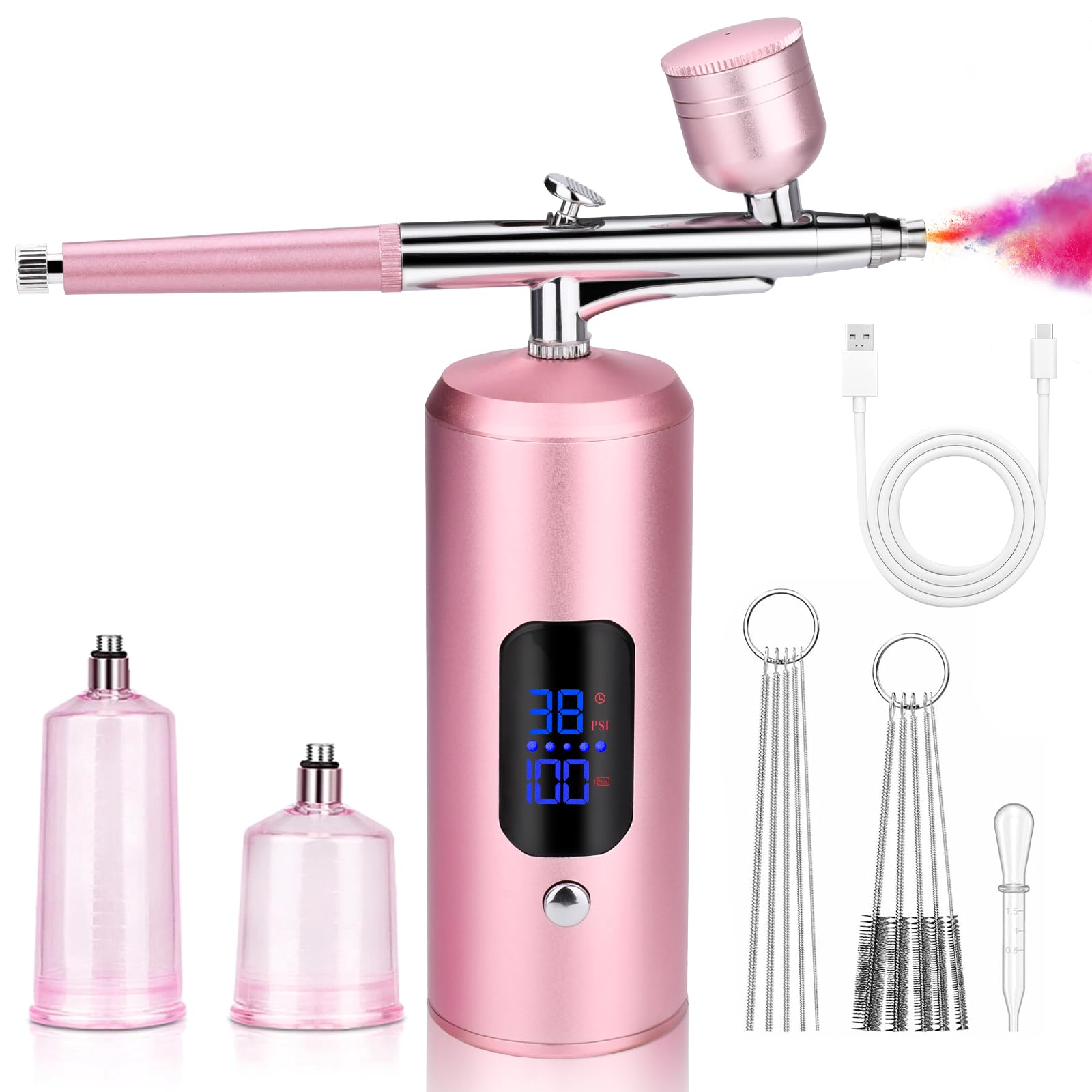 HANNEA® Cordless Airbrush Kit, Rechargeable LCD Airbrush Spray Gun with 3 Pressure Level, 0.3mm Nozzle, Portable Airbrush Compressor for Painting, Makeup, Nails, Model Craft, Pink