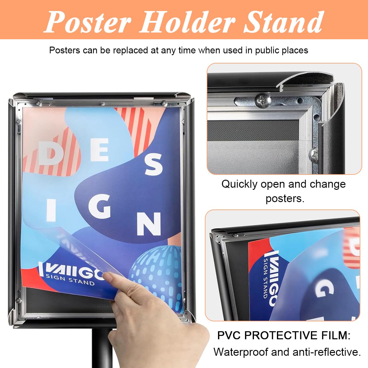 Climberty Floor Standing Sign Holder for Posters featuring 9.4x13 in Frame and 360° Rotation | Adjustable Height Aluminum and Steel Stand