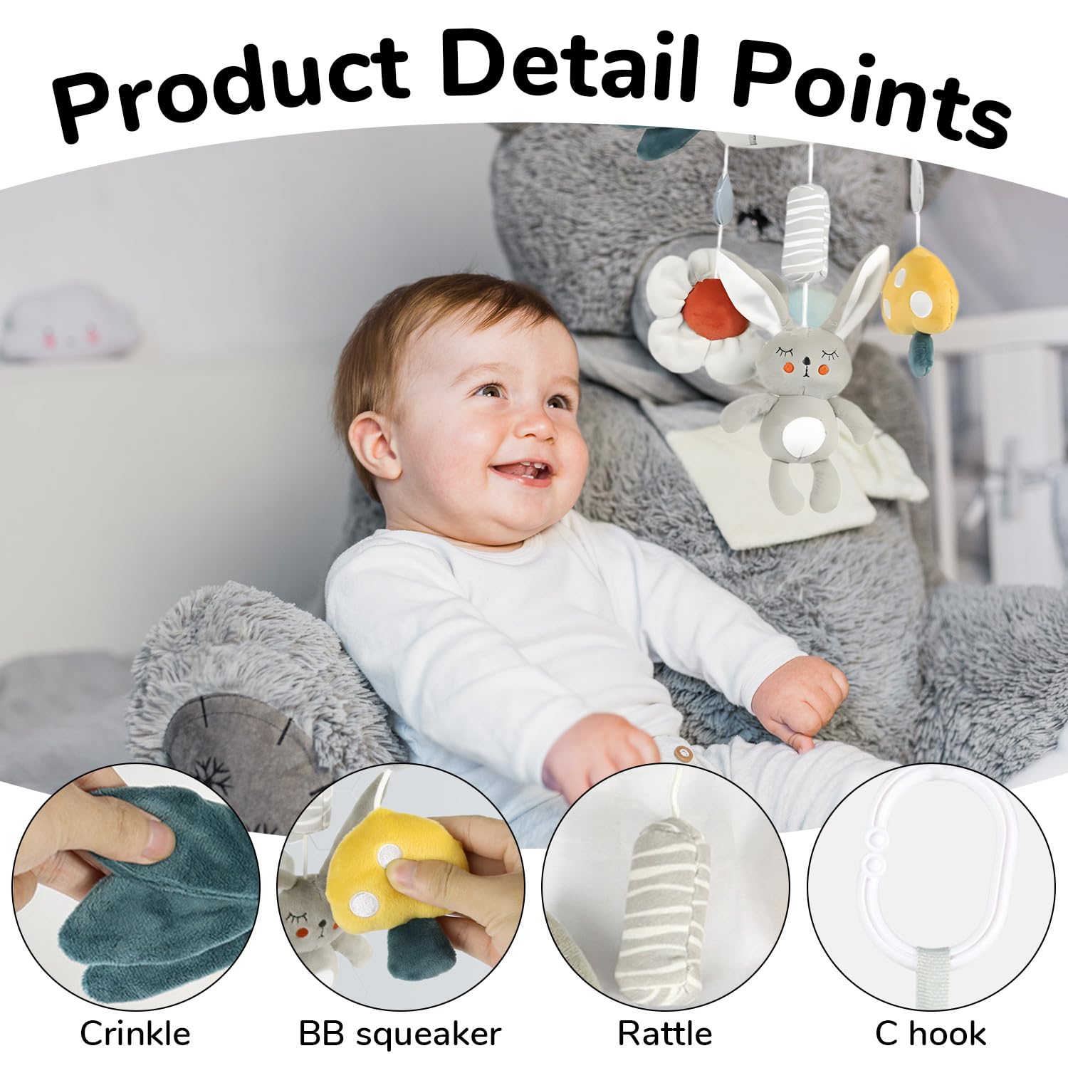 SNOWIE SOFT Rabbit Plush Baby Toy for Crib and Stroller with Squeaky Device | Low Saturation Soothing Colors for Newborns