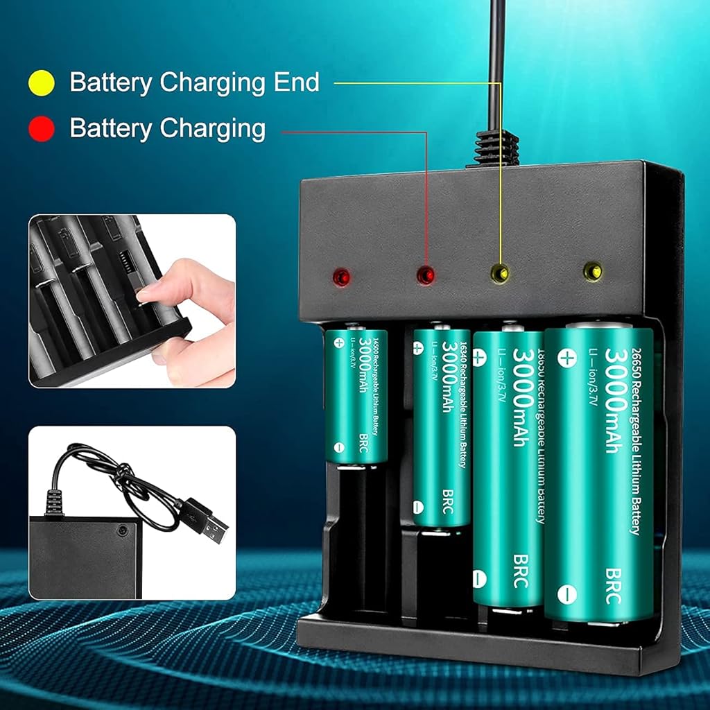 Verilux® 18650 Battery Charger, 3.7 Volt Rechargeable Battery Charger, 4 Bay Lithium Ion Battery Charger 26650 21700 18650 10400 14500 16340 16650 18500 (Only USB Charger)
