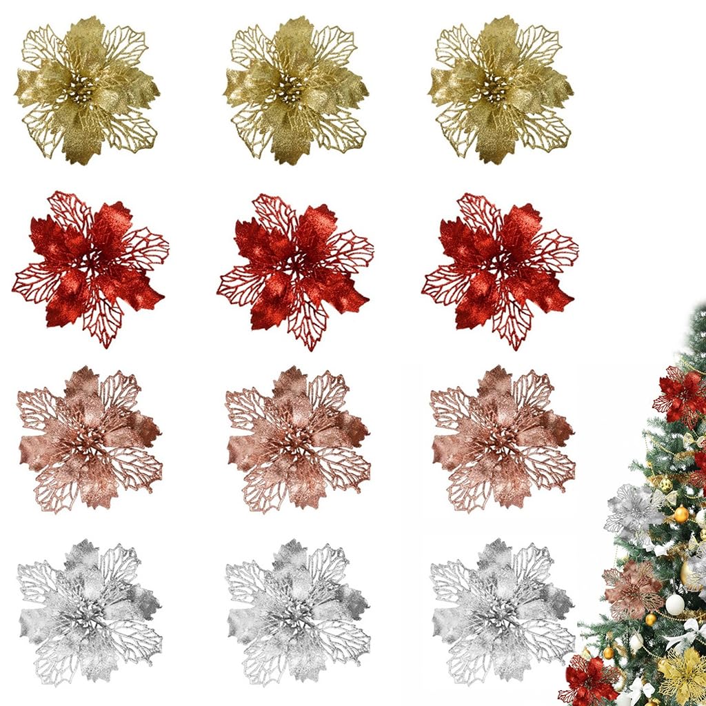 HASTHIP Christmas Tree Flower Ornaments for Holiday Decor with 12 Pcs in 4 Colors | DIY Wreaths and Garland