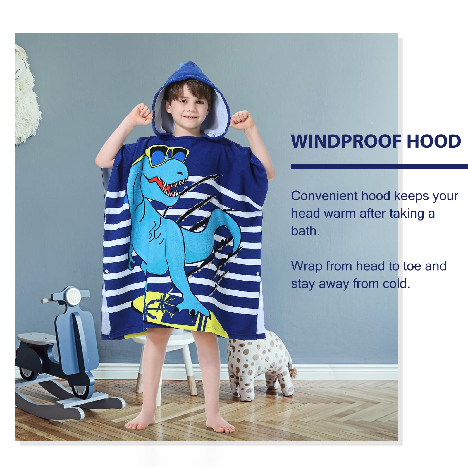 SNOWIE SOFT Kids Hooded Bath Towel for Boys featuring Blue Dino Print and Drawstring Bag 75 x 150 cm