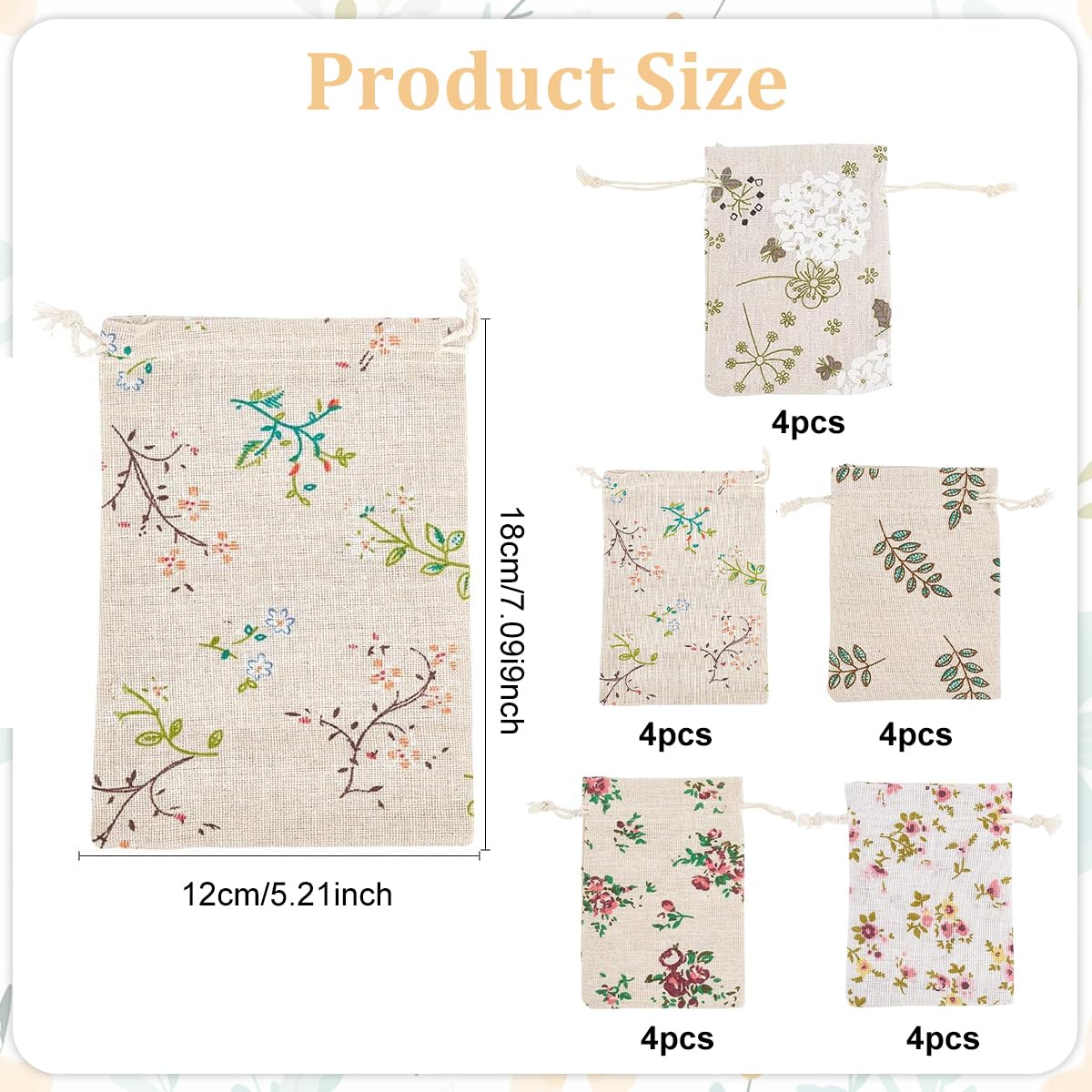 HASTHIP Drawstring Gift Bags for Return Gifts with 20pcs 13x18cm Cotton Flax Fabric | Reusable Rustic Floral Pouches