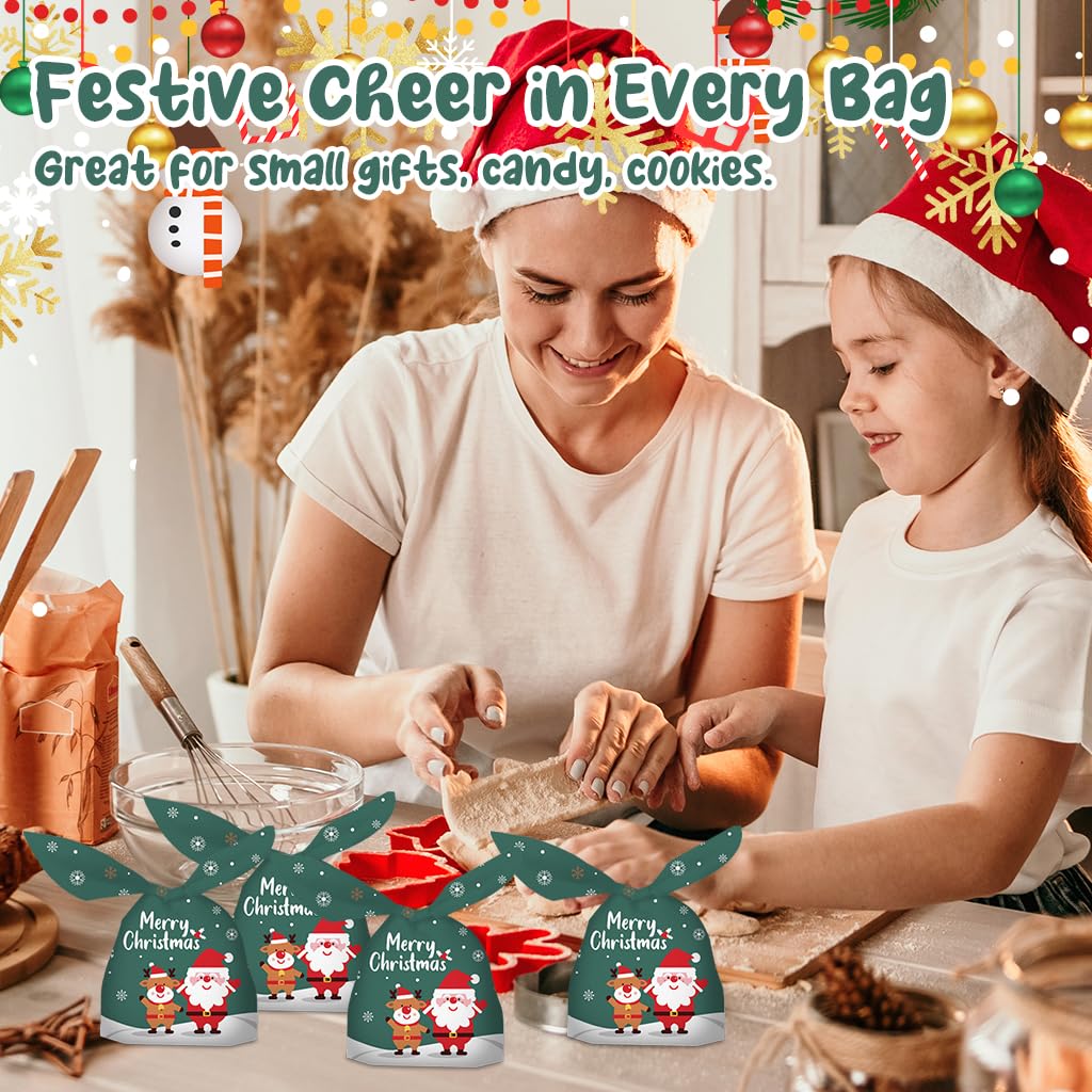 HASTHIP Christmas Gift Bags 50 pcs for Holiday Party Favors featuring Tie Up Closures | Green 13.5x23 cm Reusable Bags for Kids