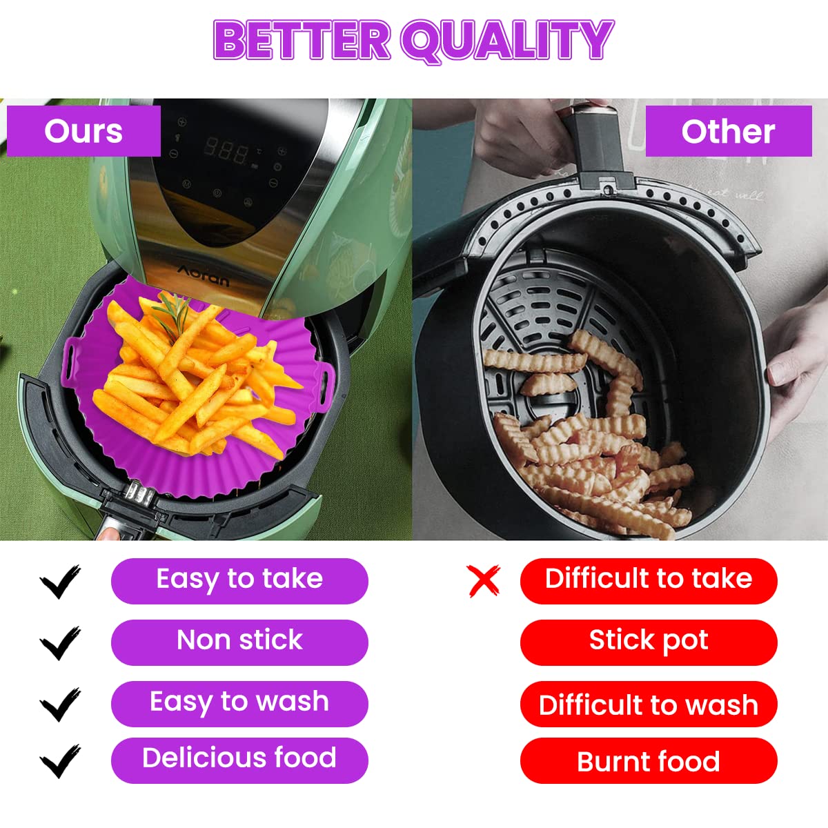 HASTHIP Air Fryer Silicone Liners, 7.9inch Air Fryer Silicone Baking Tray, Non-Stick Silicone Pot Liner, Air Fryer Accessories, Reusable Airfryer Basket Liners, Bottom 2mm Thickness, 1Pcs (Purple)