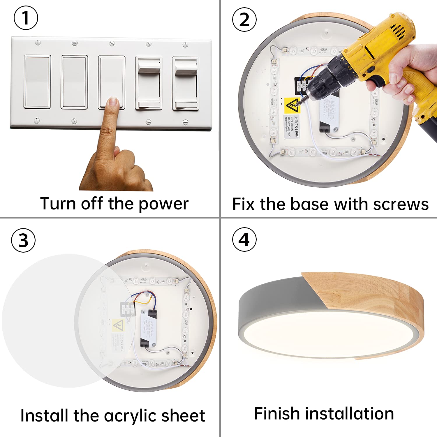 ELEPHANTBOAT LED Ceiling Light for Home featuring 24W 3000K Warm White Acrylic Shade | Wooden Frame