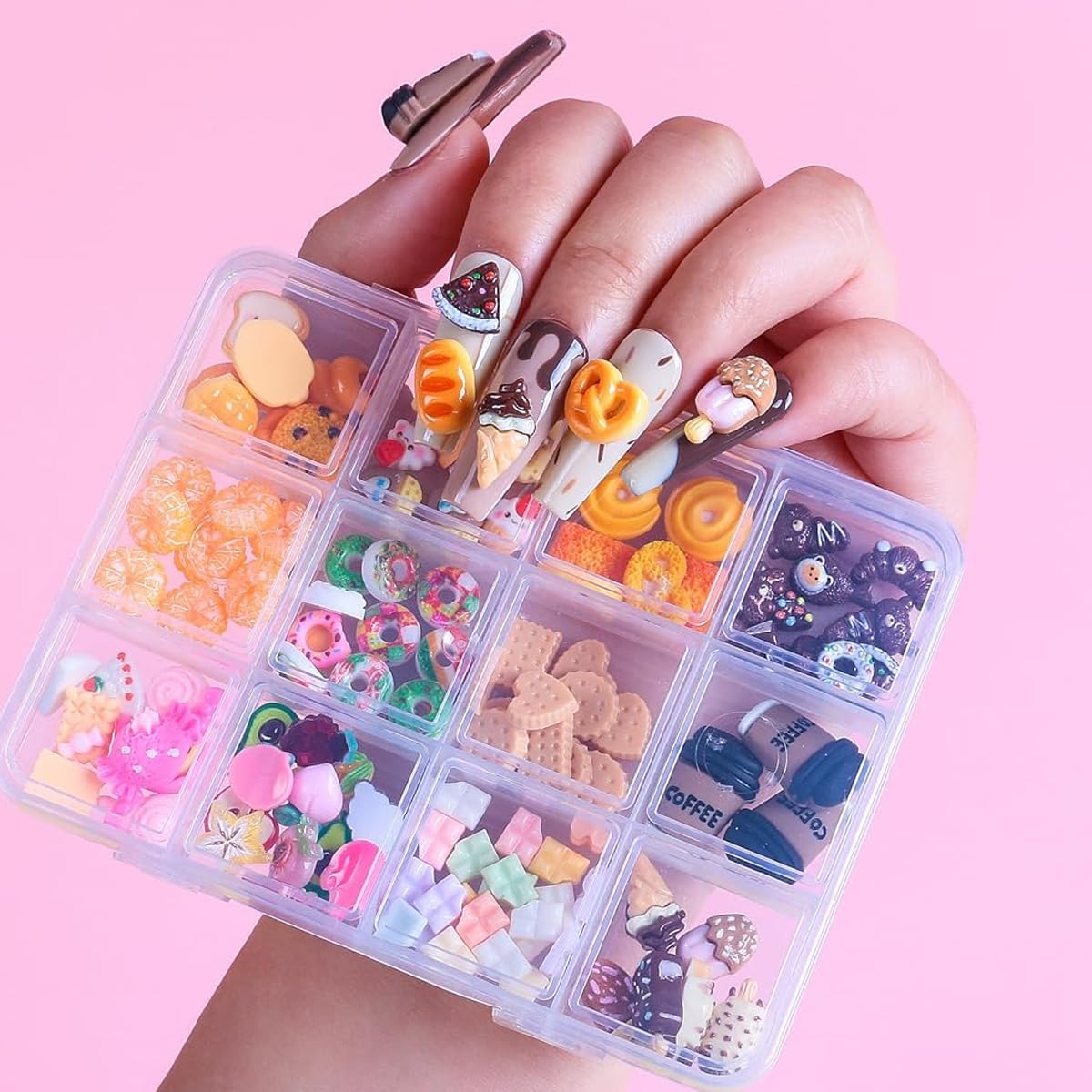 MAYCREATE 3D Cartoon Nail Charms for DIY Nail Art with 12 Styles and Resin Design | Includes Storage Box