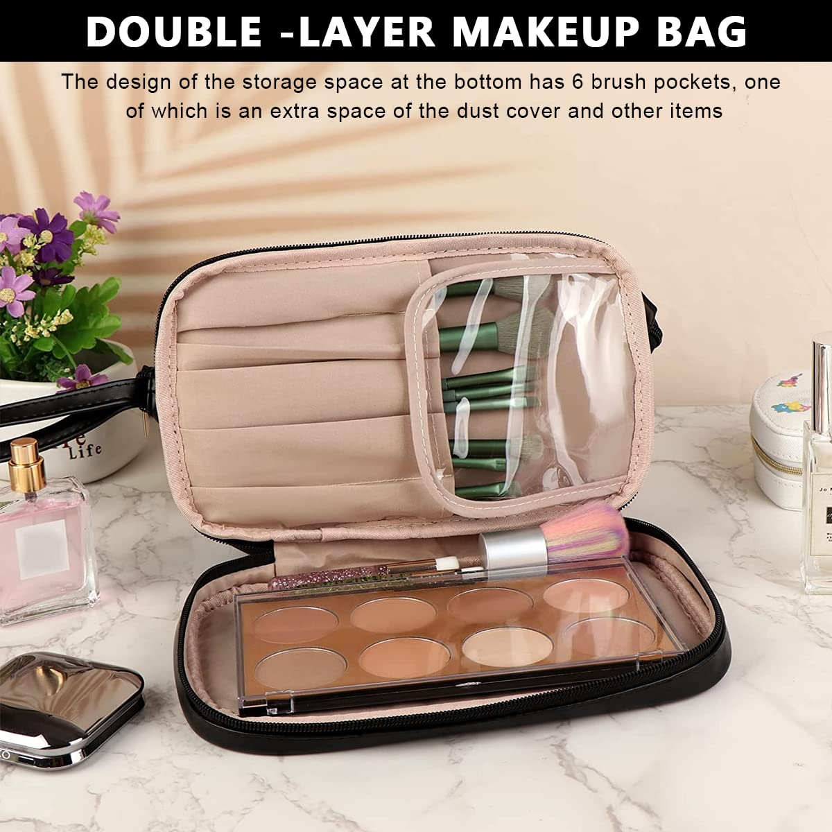 MAYCREATE Cosmetic Bag for Travel with Double Layer Brush Holders and 25×15×16 cm PU Leather Design | Black Makeup Organizer