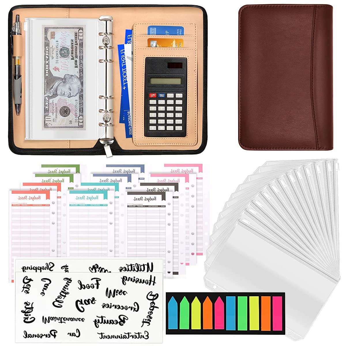 ZIBUYU Brown Leather A6 Notebook Folder for Budget Planning with 6 Ring Binder | Includes Calculator and 12 Cash Envelopes