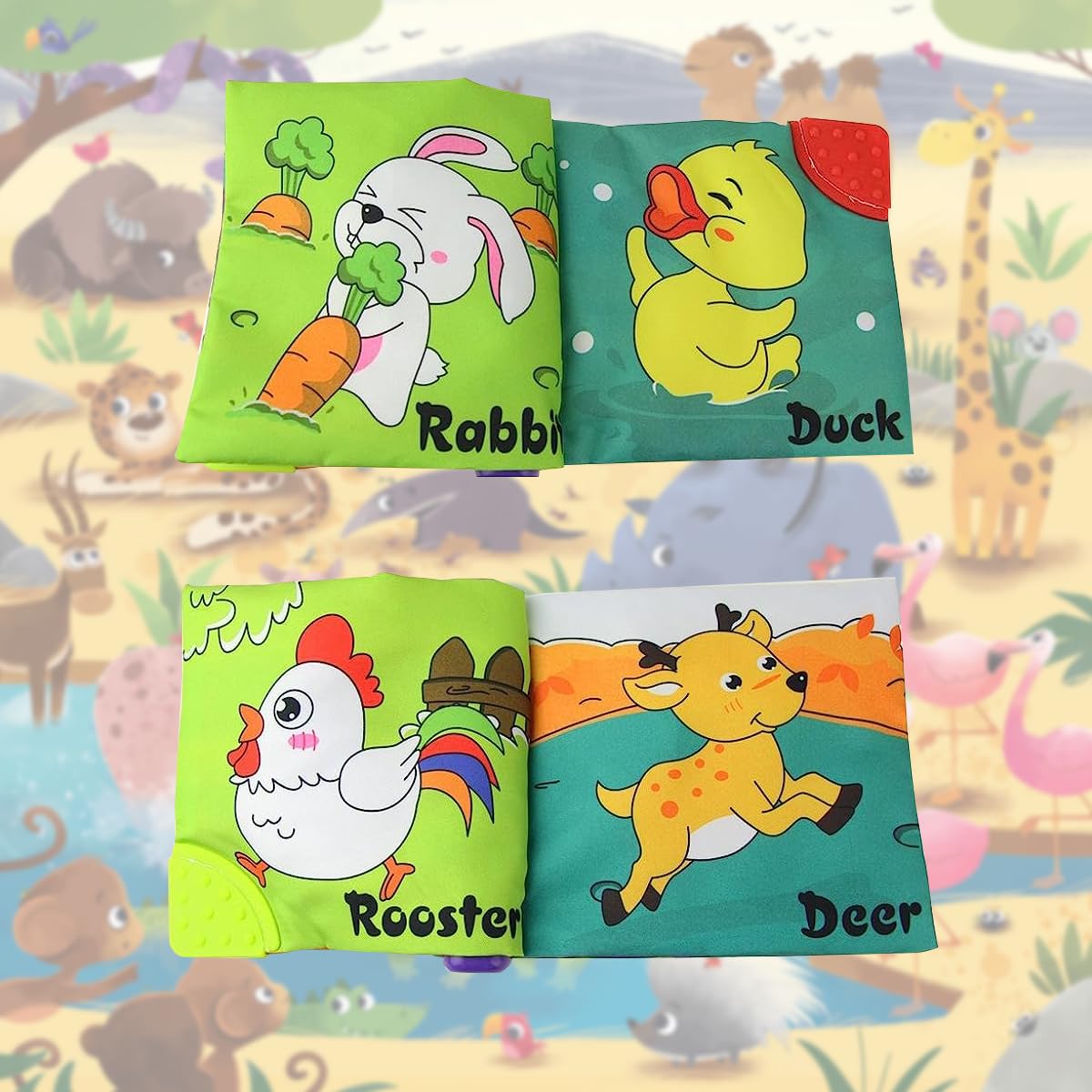 PATPAT Cloth Book for Babies with Teether and Rattle Ring featuring 8 Cartoon Animal Pages | Soft Washable Sensory Toy for 3–12 Month Infants