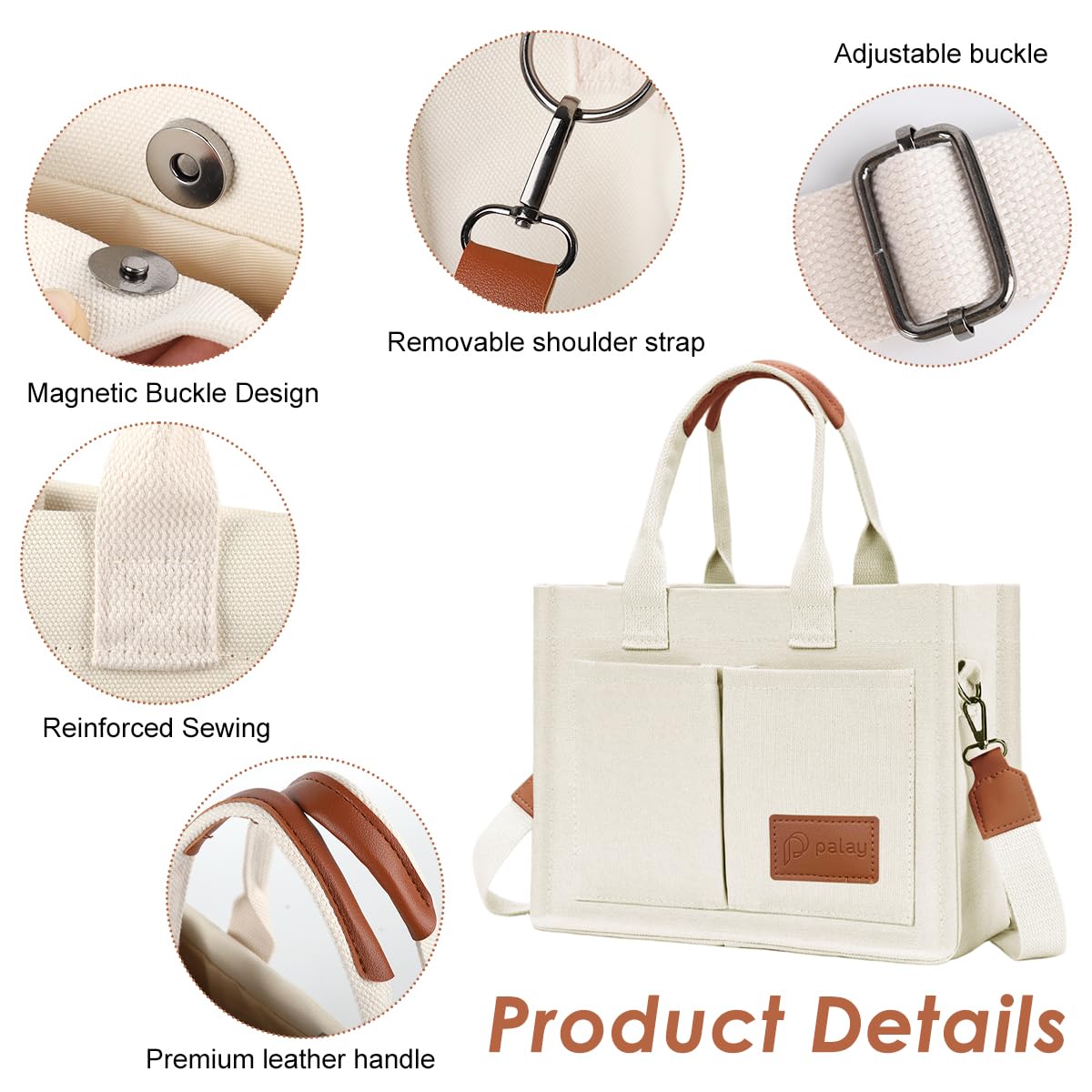 PALAY Tote Bag for Women with Removable Strap and Multi Compartments 32×14×25 cm Beige Canvas | Casual Crossbody Handbag