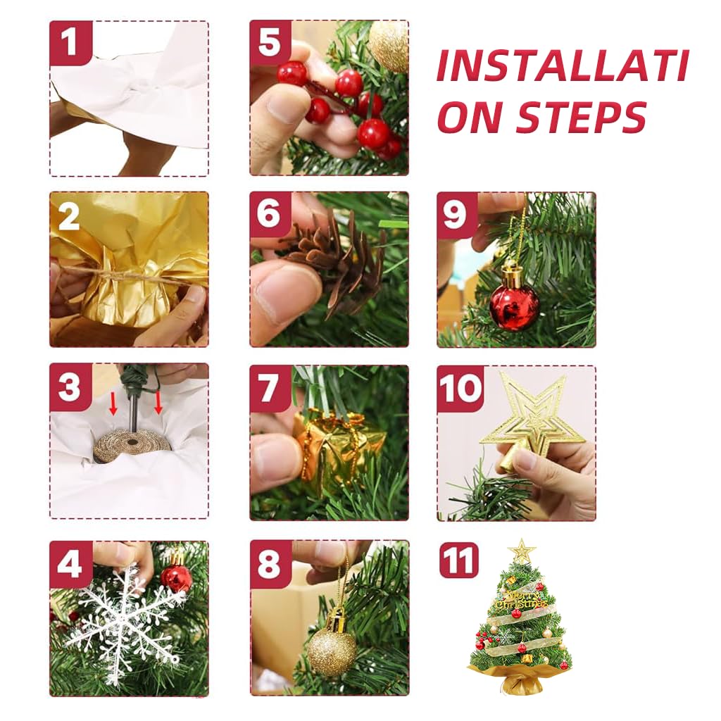PATPAT Christmas Tree for Home Decor with 60 cm Height and Gold Fabric Wrapped Base | Includes Red and Gold Ornaments