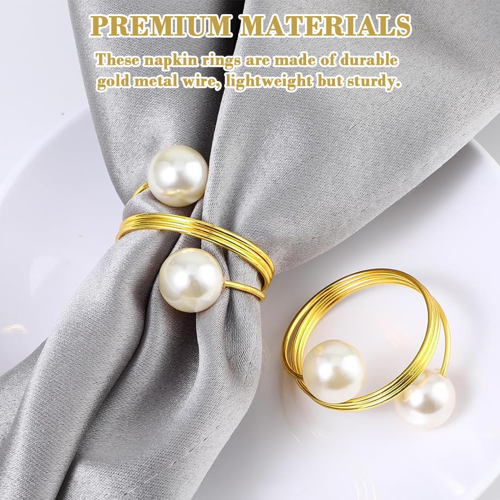 HASTHIP Napkin Rings for Weddings and Holiday Dinners with Faux Pearl Charms | Set of 6 Gold Wire Holders