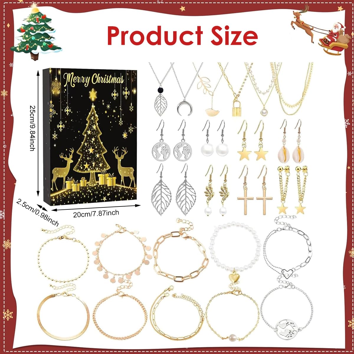 HASTHIP Christmas Gift Box 2025 Advent Calendar with 24Pcs Jewelry | Zinc Alloy Gold and Silver Set for Women and Girls