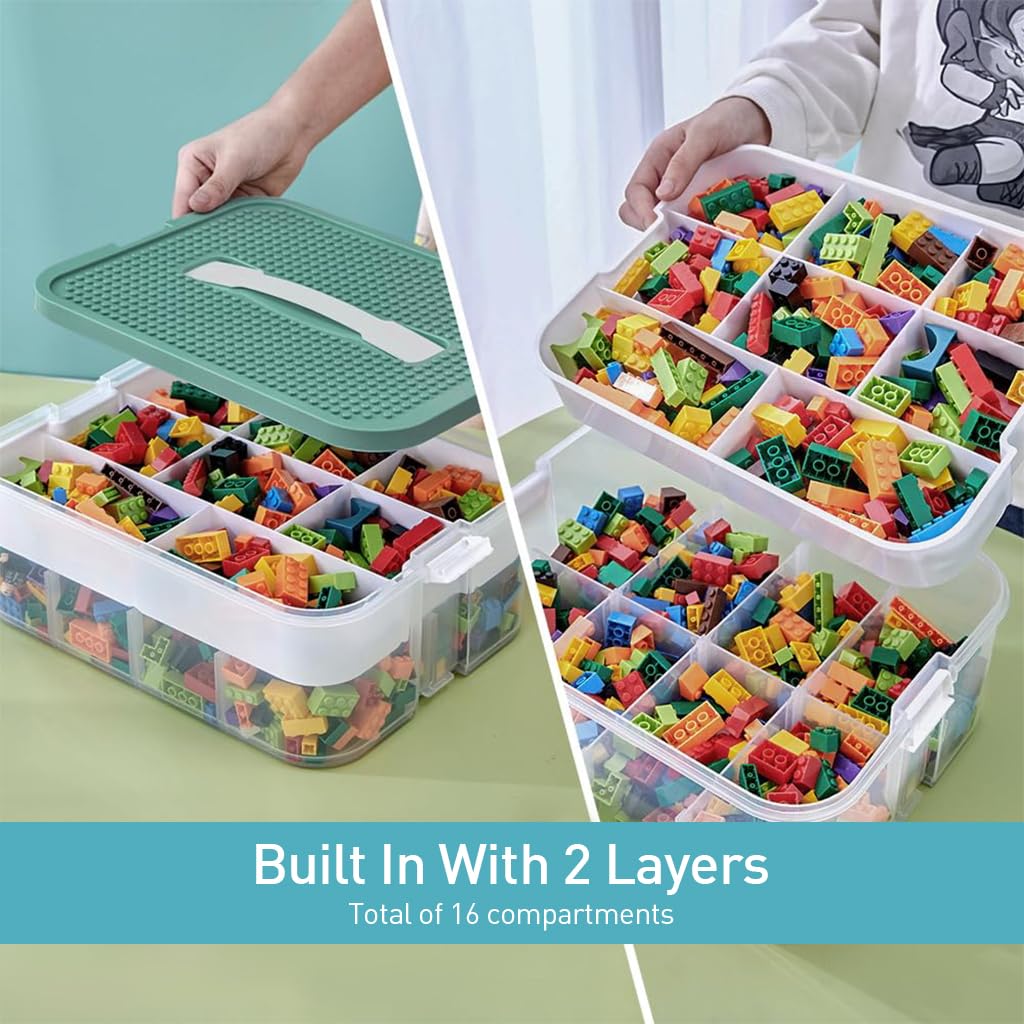 PATPAT Kids Toy Storage Case Double Layer Multi Compartment Building Blocks Bulk Toy Bricks Storage Case Portable Kids Toy Storage Case with Lid, 30.5x23x12.5cm
