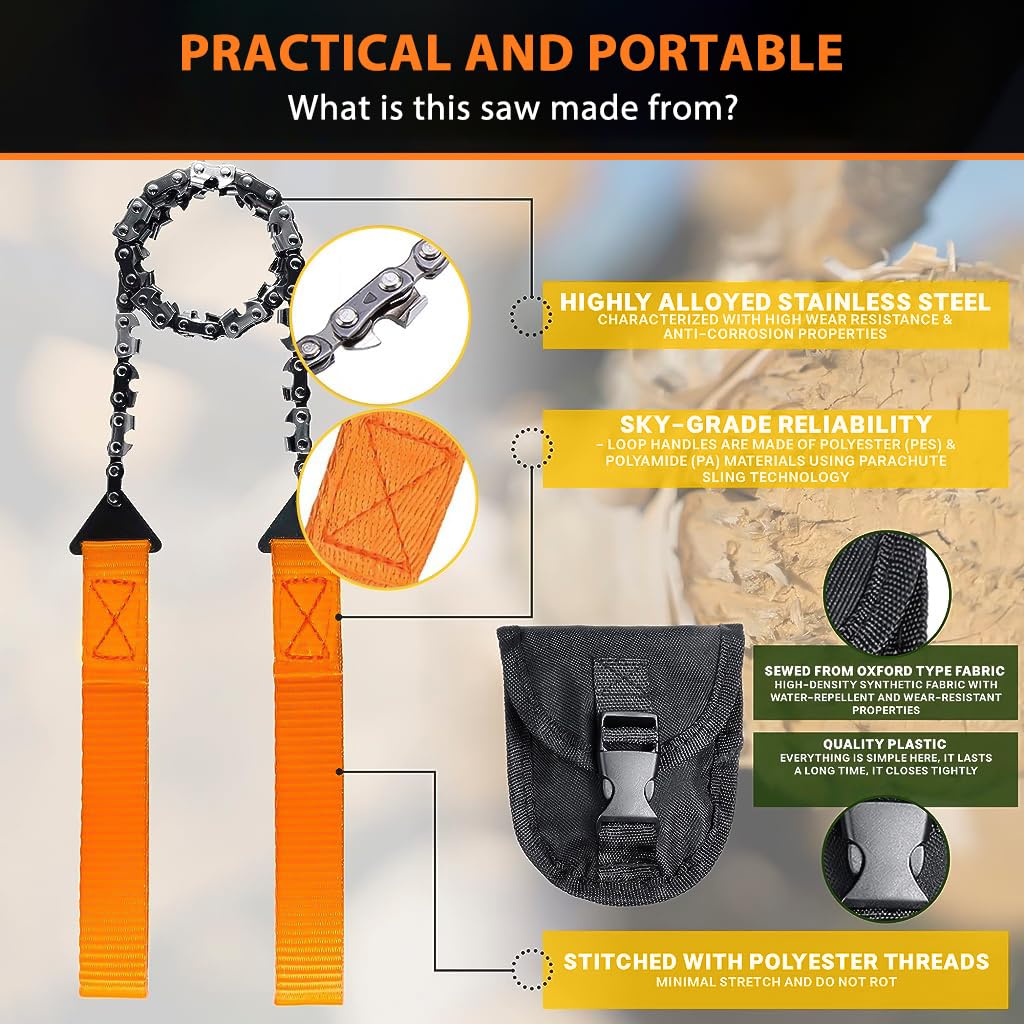 Optifit Pocket Chainsaw for Camping and Hiking with 16 Teeth 24 in Manganese Steel Blade | Portable Hand Saw for Cutting Branches