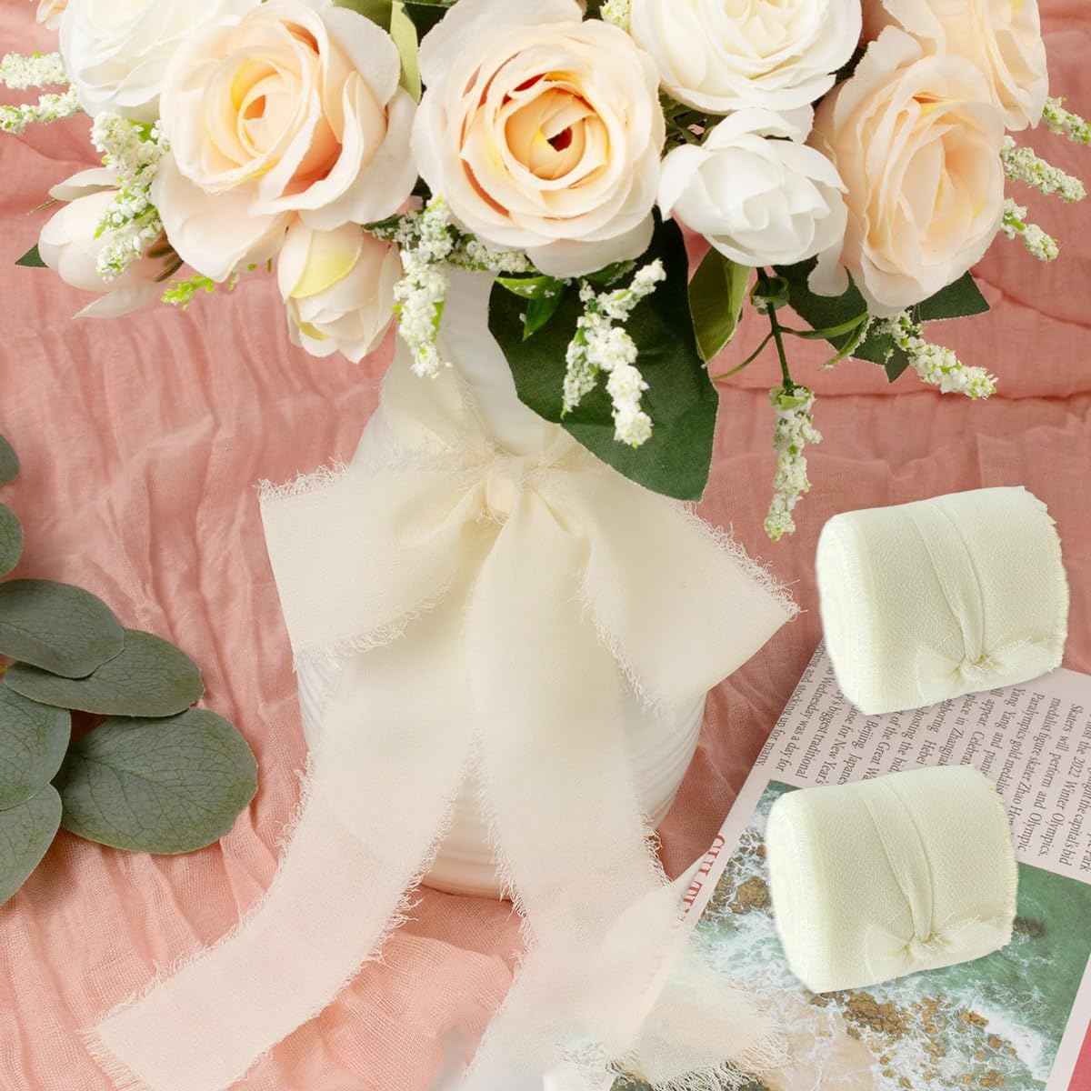 HASTHIP Chiffon Ribbon Set for Wedding and DIY Crafts featuring 3 Rolls 1.5in x 7yd Beige
