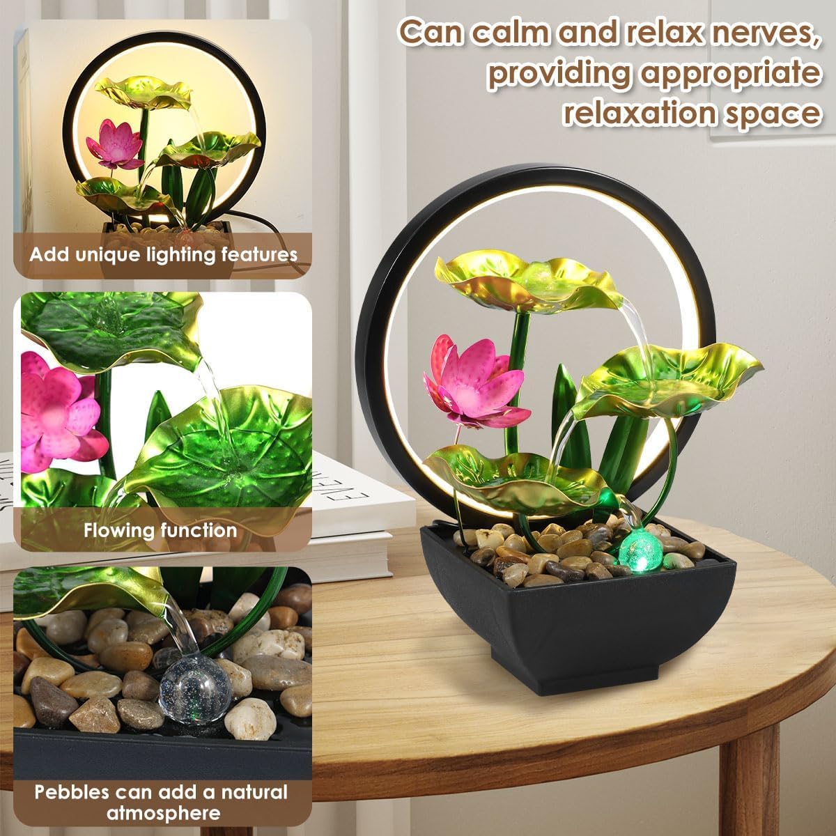 Supvox Tabletop Fountain for Home and Office with 3 Tiers 7.87x10.23 in and LED Ring Light