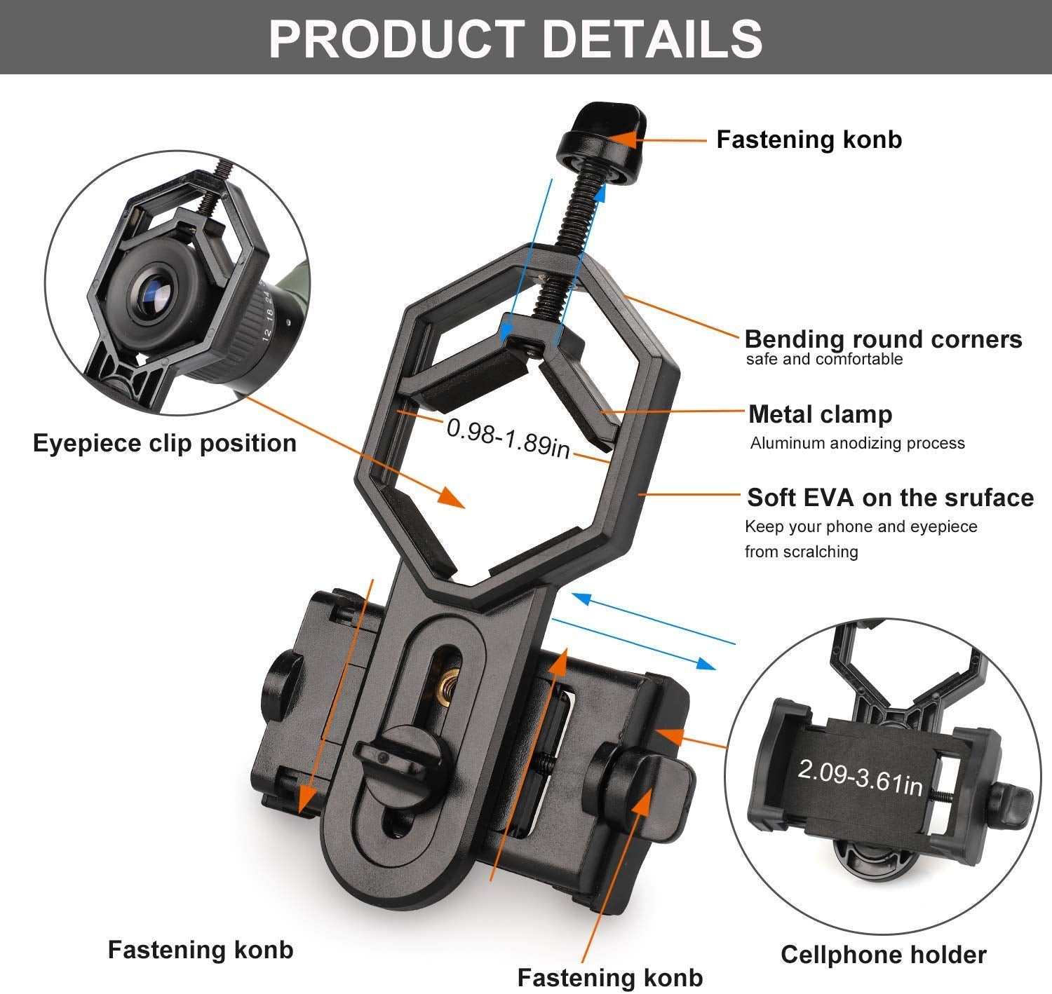 ELEPHANTBOAT Telescope Phone Mount for Digiscoping featuring 3 Axis Adjustment and Metal Build