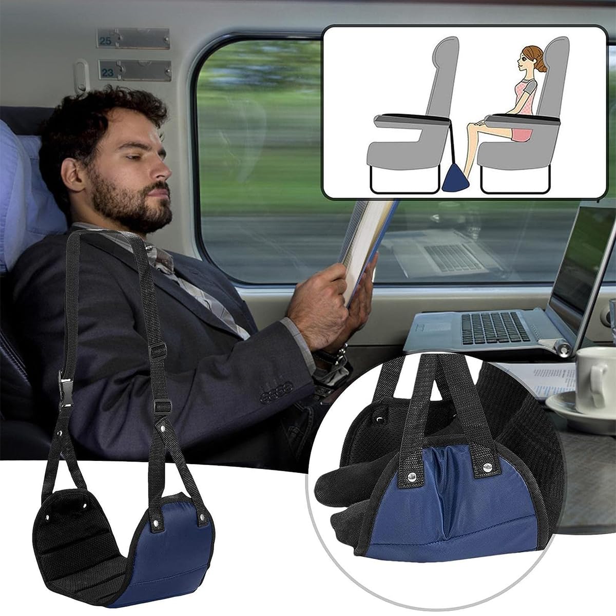 HASTHIP Airplane Footrest for Travel with Adjustable Straps and Wide Hammock Design | Blue
