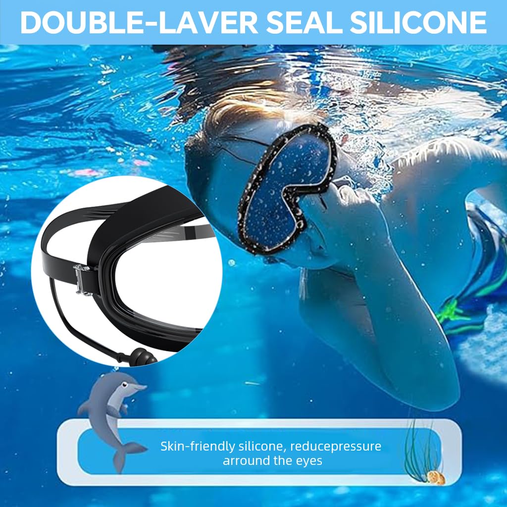 PROBEROS Swim Goggles for Men and Women with Anti-Fog Big Frame and Waterproof Earplugs | Black Silicone Adjustable Fit