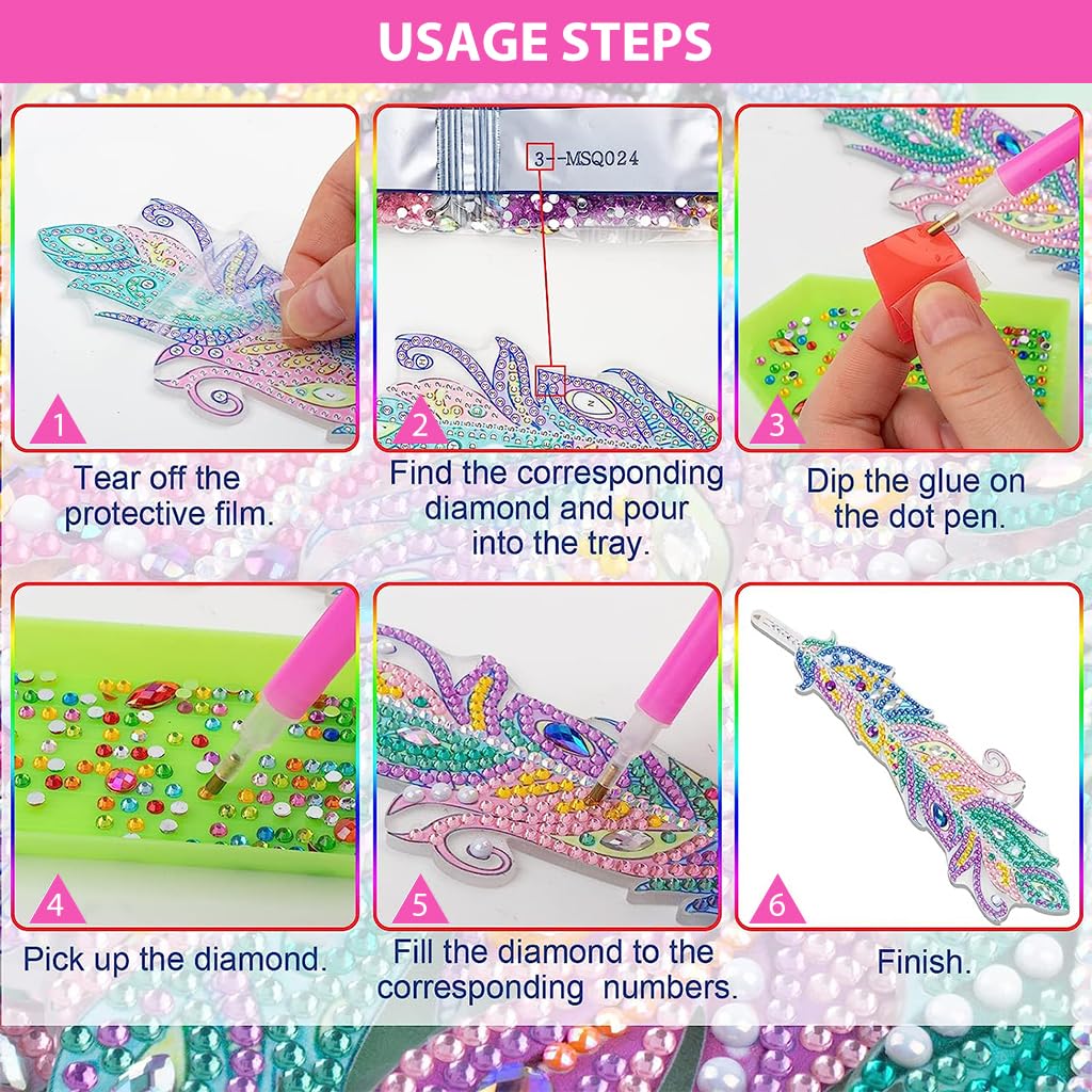 Climberty Diamond Painting Bookmarks Kit 6pcs for DIY Feather Art with Crystal Pendants | Fun Gift for Adults and Kids