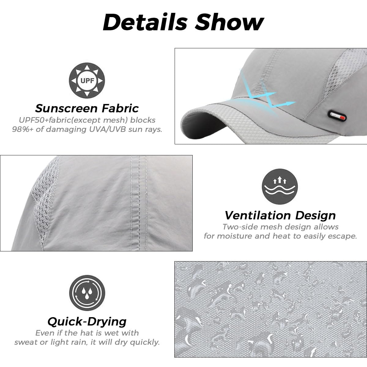 GUSTAVE Caps for Men for Golf and Outdoor Sports with Alloy Closure 22.1–24.4 in Fit | Breathable Cotton UV Protection Grey