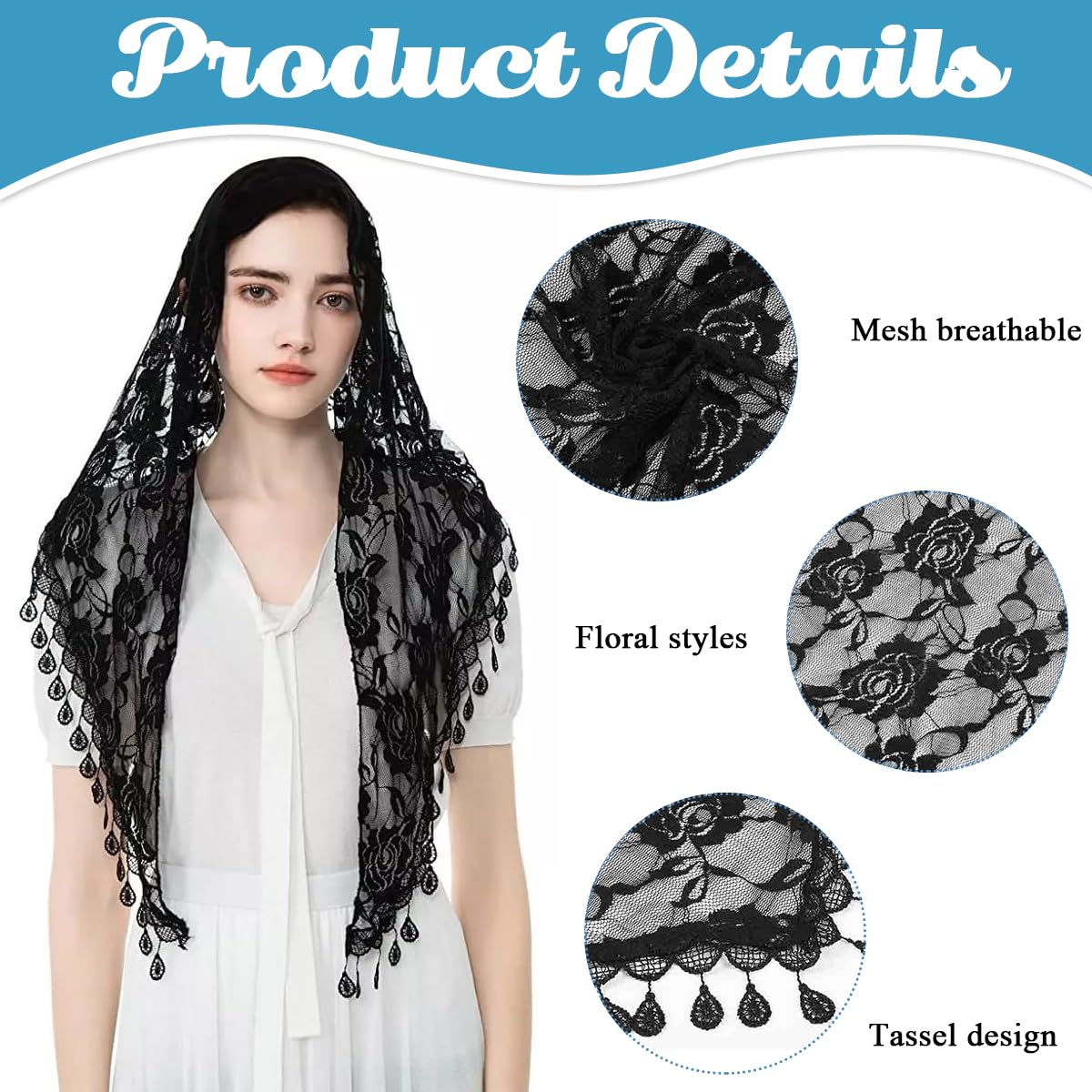 PALAY Triangle Lace Mantilla Veil for Church and Wedding featuring Rose Embroidery Tassel | 3PCS Black Set