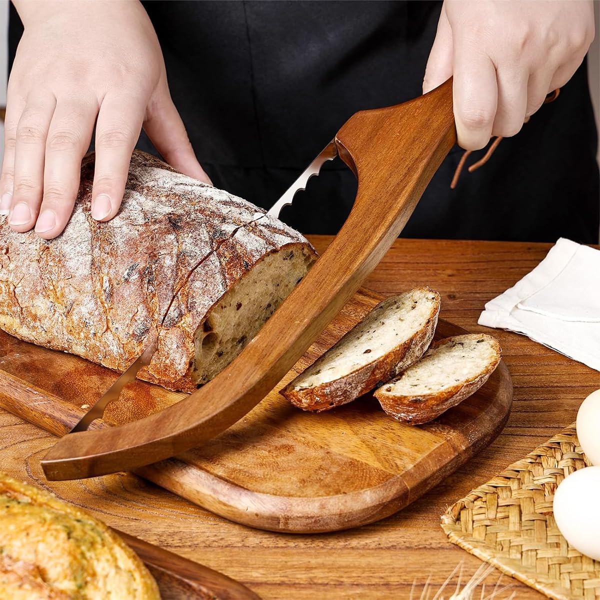 Supvox Serrated Bread Cutter for Kitchen with Wooden Handle and Screw-Fixed Blade | Stainless Steel 2 in 1 Slice Guide