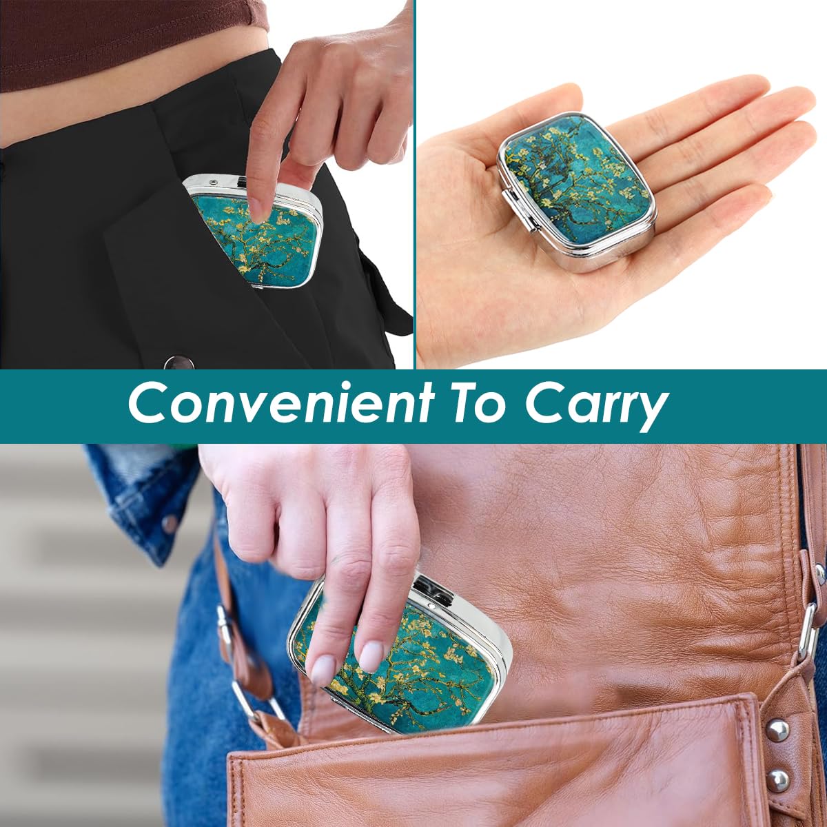 HANNEA Pill Box for Travel and Daily Use with 2 Compartments 5.6×4×1.6cm Metal Case Green