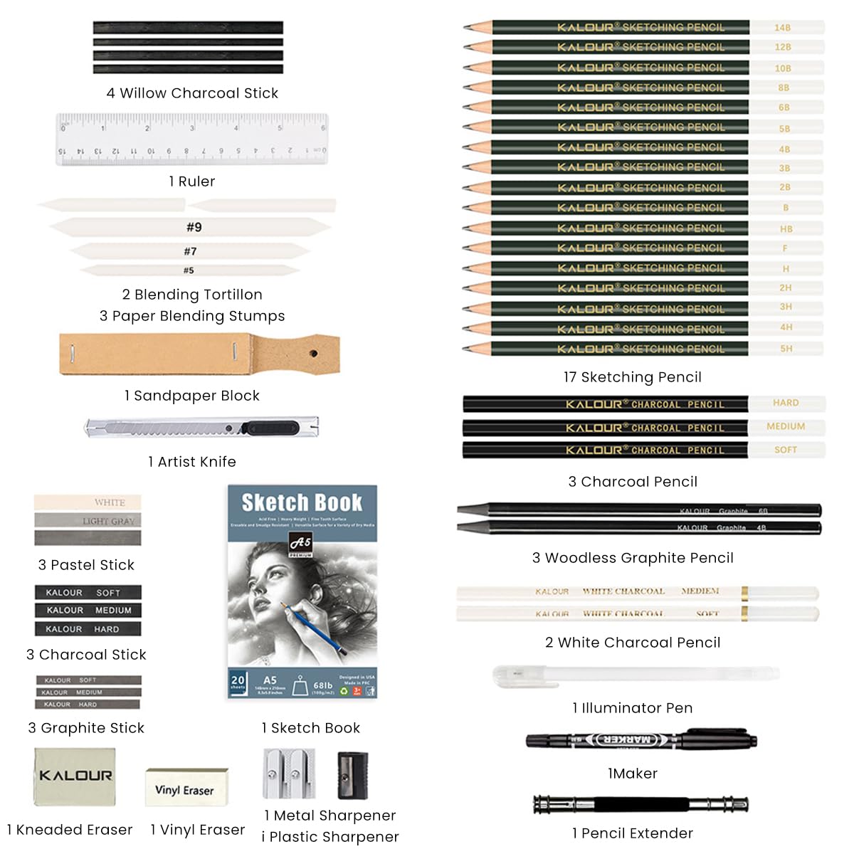 Climberty® Sketch Pen Set, 54 Pcs Professional Sketch & Drawing Tool Kit with Zipper Case, Includes Sketch Pens, Charcoal Pencils, Comprehensive Sketch Pens and Tools Kit (Black)