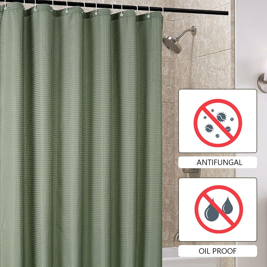 HASTHIP® Fabric Shower Curtain Waterproof Polyester Double Sided Waffle Textured Green Shower Curtain with 12 Plastic Hooks Water Resistant Partition Liner for Washroom (Green 72''x72'')