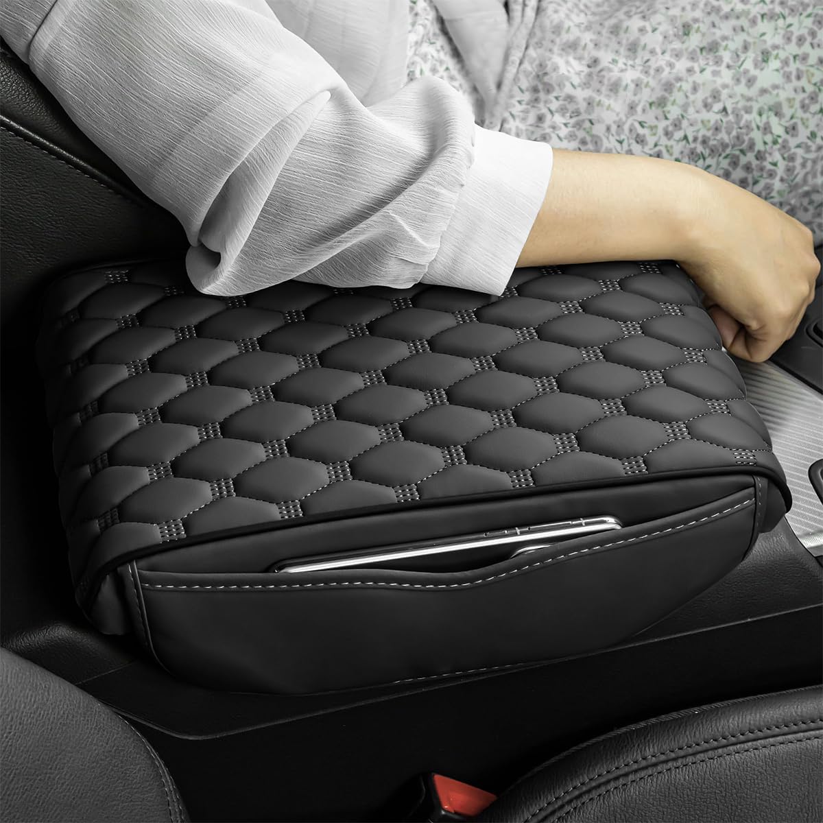 STHIRA Universal Armrest for Car with Side Storage Pouch featuring Ergonomic Cushion 31x16x5cm | PU Leather Comfort Support