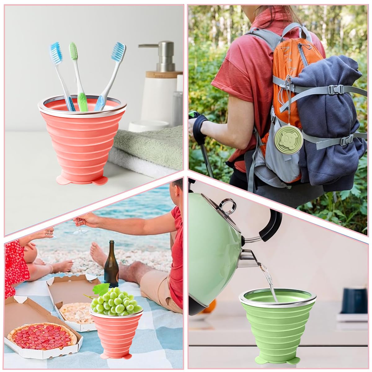 HASTHIP Collapsible Cup Set for Travel and Camping with Lids 4 Pack 180mL Silicone Pink&Green