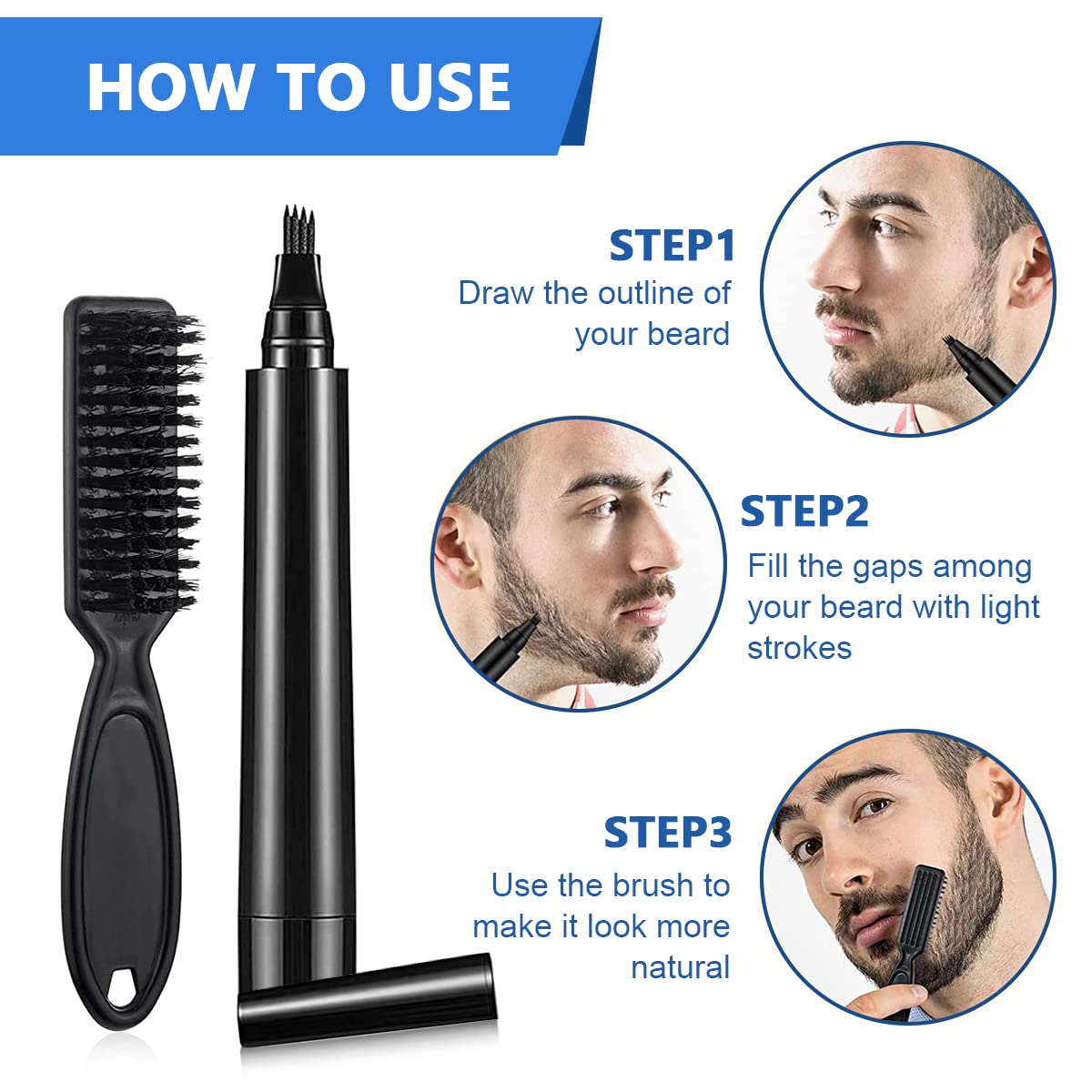 MAYCREATE Beard Pencil Filler For Men Barber Styling Pen with Bristle Beard Brush Waterproof, Sweat Proof Natural Shaping Up for Men Beard, Moustache & Eyebrows(Dark Brown)