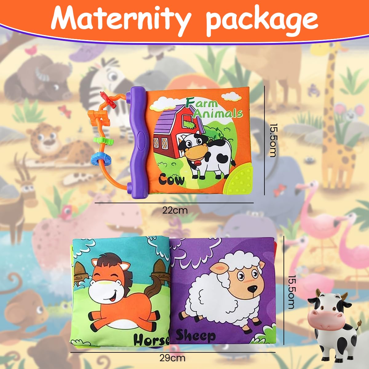 PATPAT Cloth Book for Babies with Teether and Rattle Ring featuring 8 Cartoon Animal Pages | Soft Washable Sensory Toy for 3–12 Month Infants