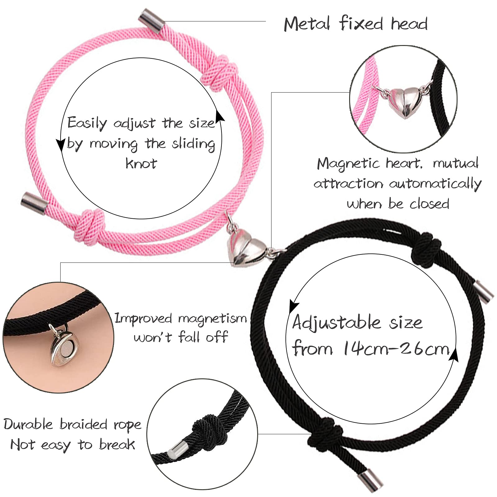 MAYCREATE Friendship Bracelets for Couples with Magnetic Heart Pendants and Adjustable 14–26 cm Rope | Velvet Gift Bag for Him and Her