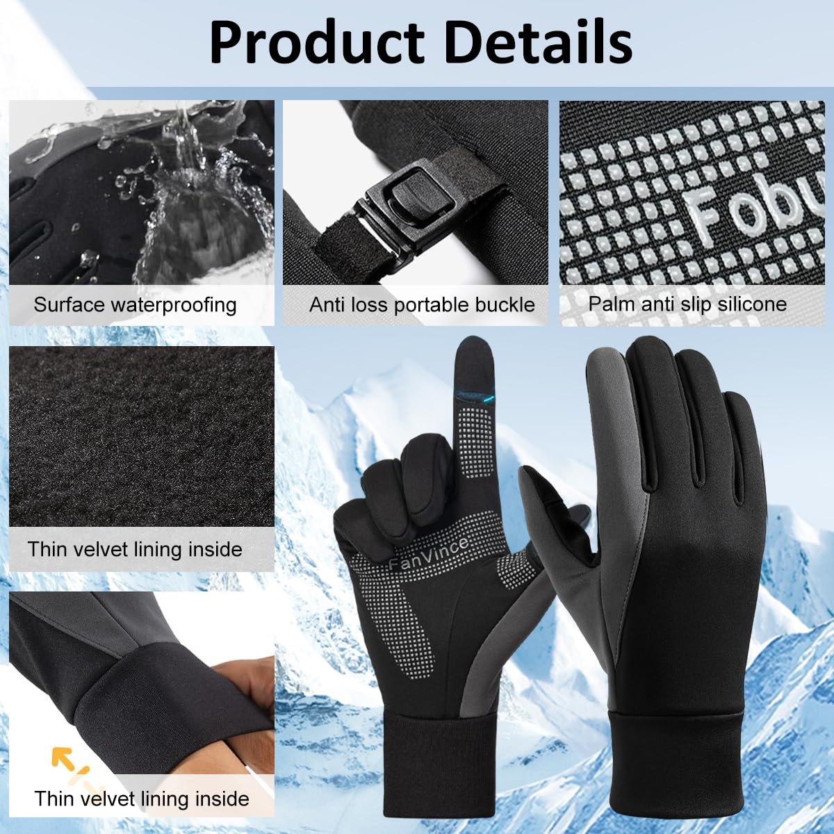 GUSTAVE Winter Gloves for Men with Touchscreen Fingertips and Anti Slip Palm | Splashproof Black Grey Thermal Lined