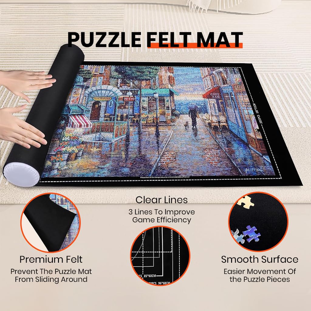 PATPAT Felt Puzzle Floor Mat for 1500 Piece Jigsaws with Air Pillar Pump and 4 Trays | 26x46 in Organizer Set