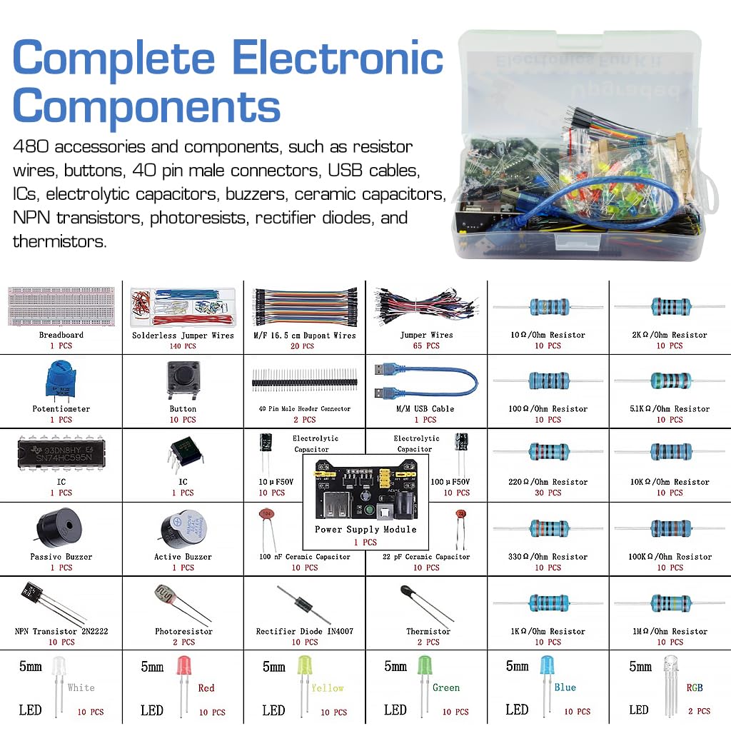 Serplex® 480Pcs Electronics Component Fun Kit with Jumper Wire, Power Supply Module, Precision Potentiometer, 830 tie-Points Breadboard Upgraded Electronics Fun Kit Compatible with STM32, Raspberry Pi