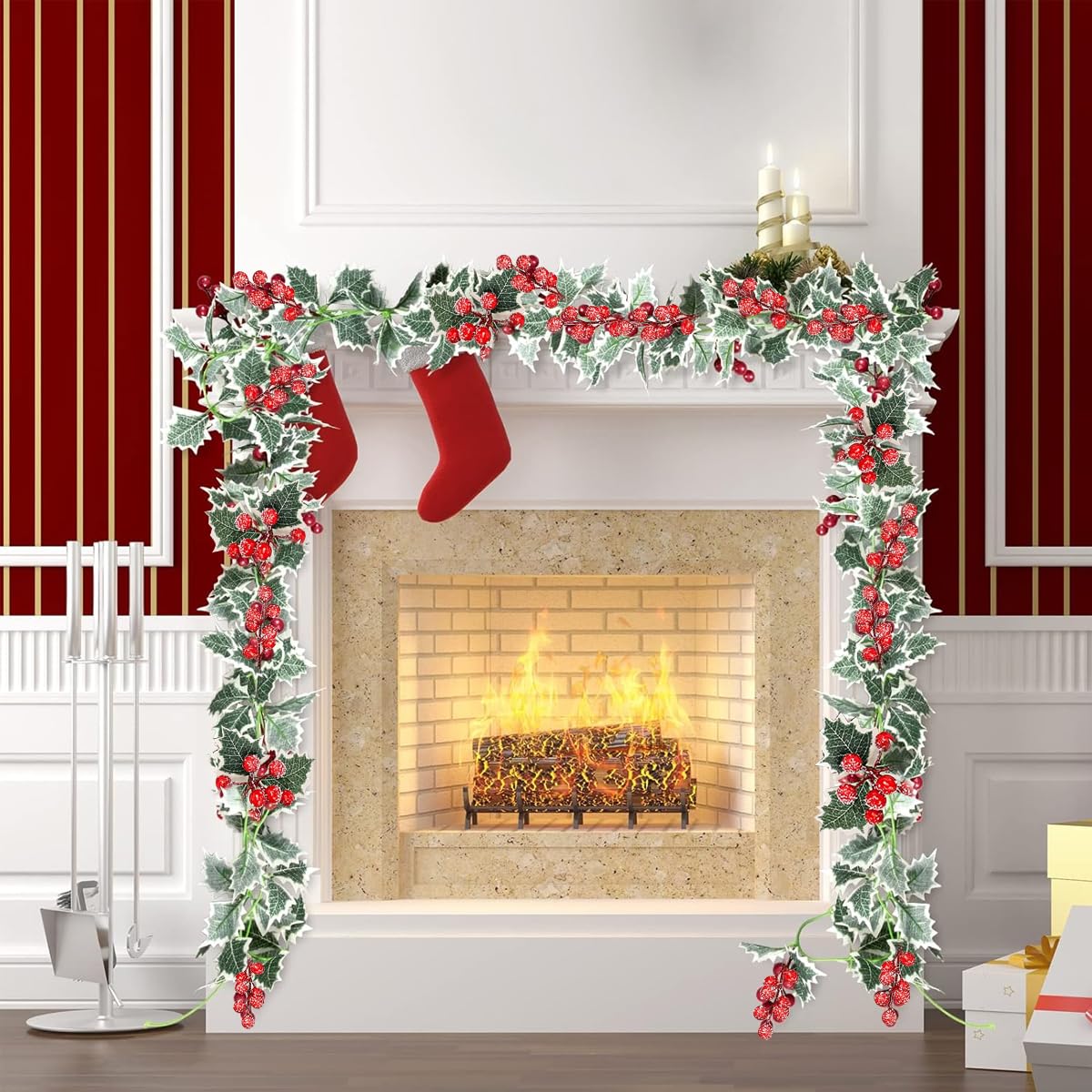 HASTHIP Christmas Berry Garland for Fireplace Mantel and Stair Decor with 5.7ft Vine | Frosted Red Berries and Green Holly Leaves