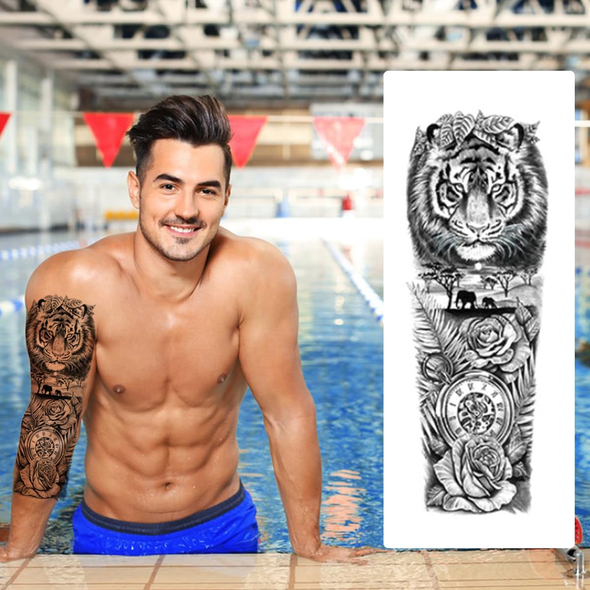 MAYCREATE Temporary Tattoos for Arms and Legs featuring 6 Sheets 48×17 cm Waterproof Designs | Ideal for Party and Club Looks