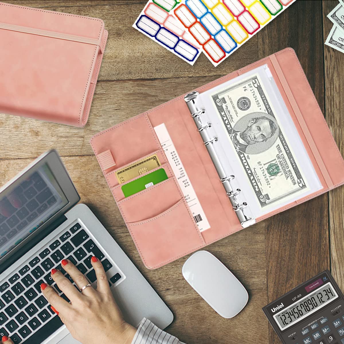 Climberty Budget Binder for Cash and Documents with 6 Ring Binder and 10 Envelopes | Pink A6 PU Leather Organizer