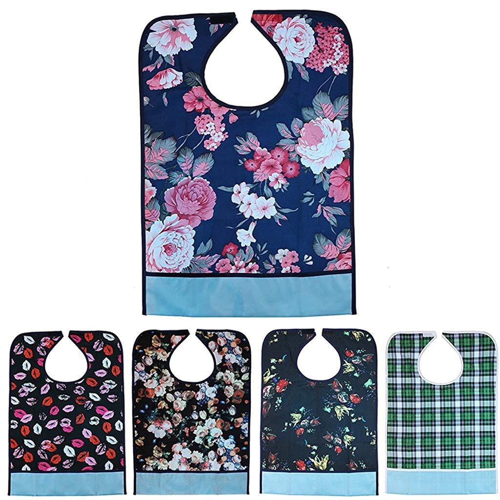 HASTHIP® Adult Bibs Clothing Protectors Waterproof Pocket Apron Washable with Crumb Catcher Floral 3 PCS