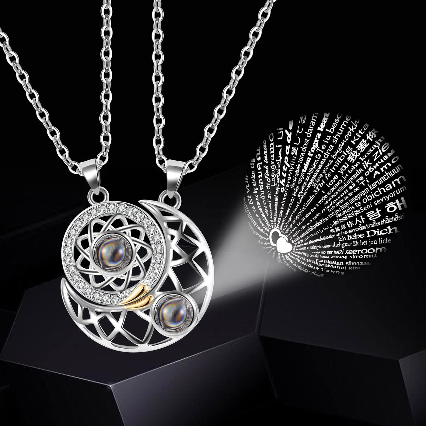 ZIBUYU Necklace for Couples Chain Friendship Pendant for Girlfriend & Boyfriend Shining Sun & Moon Design Rhinestone Magnetic Necklace Gift for Valentine & Anniversary - 2 Pcs