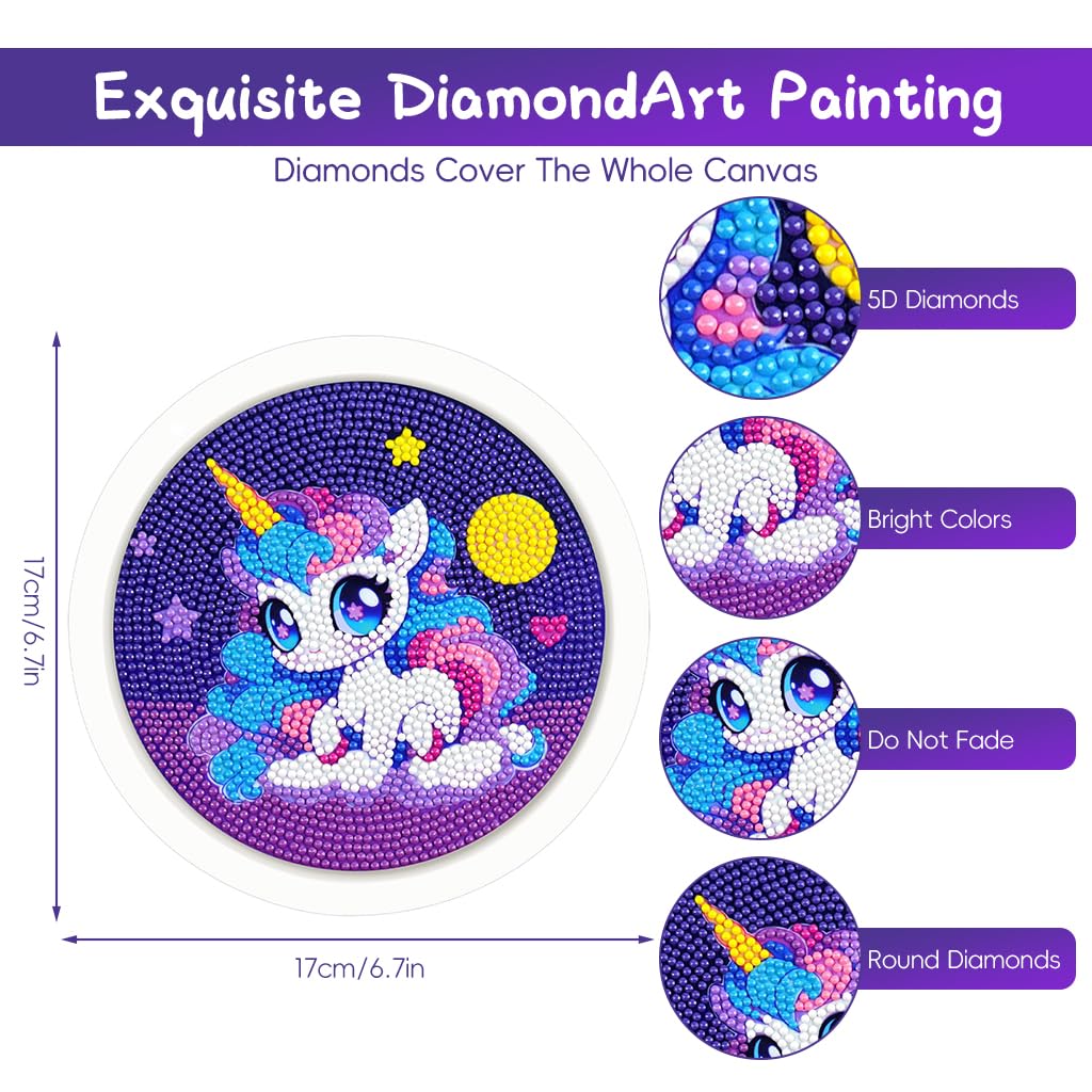 PATPAT DIY Diamond Art Painting Kit for Kids with 6.7 in Frame featuring Cute Unicorn Design | Creative and Therapeutic Craft Activity