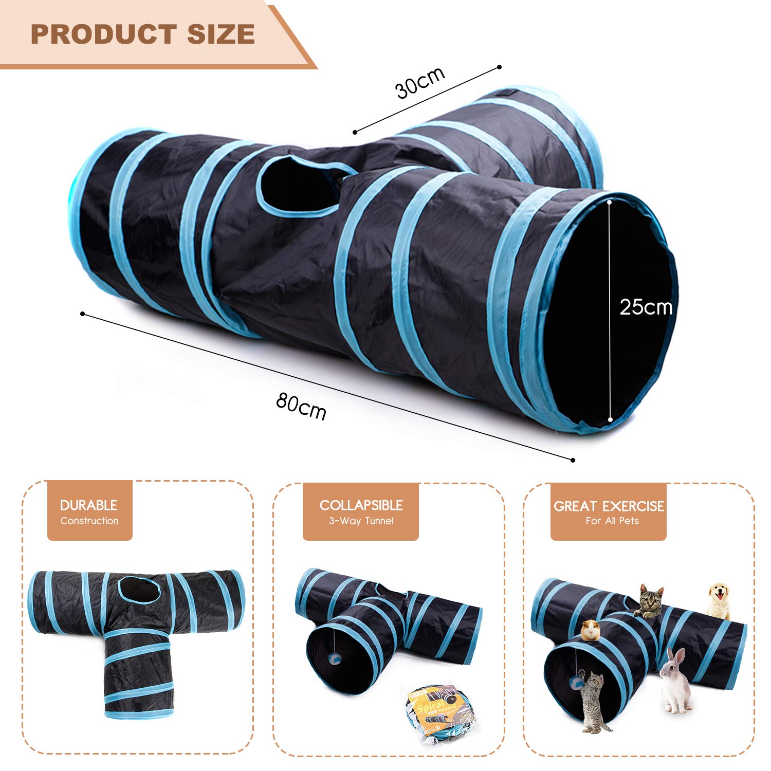 ZIBUYU Cat Tunnel Toy for Kittens featuring 3 Way Foldable Design 28cm Arms | Blue Polyester