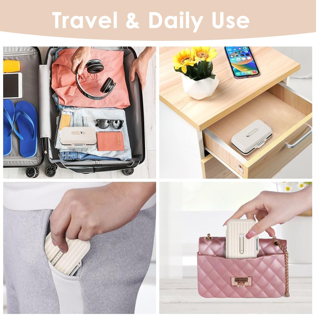 HANNEA Travel Pill Organizer Box for Weekly Medication with 7 Compartments and Sliding Date Marker | BPA-Free PP Portable Case 11.5 x 7.3 x 3.4cm