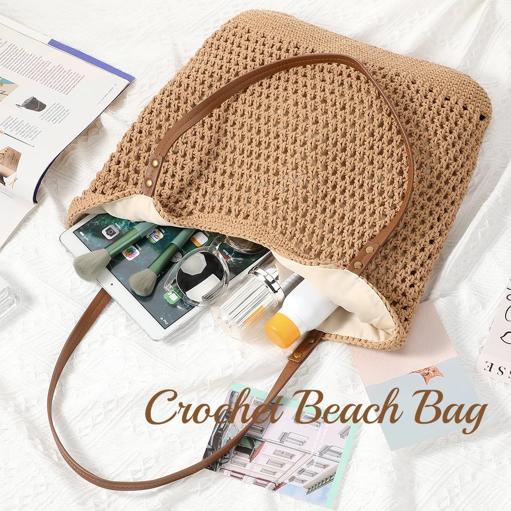 PALAY Crochet Beach Bag for Women featuring Leather Straps and Zipper Closure | Handmade Cotton Rope Tote